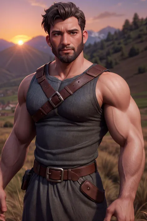photo of a european man, strong, upper body, rough appearance, beard, medieval clothing, outdoors, intense sunlight, fog, mountains, professional photograph, sharp focus, dramatic, cinematic lighting, volumetrics dtx, (film grain, blurry background, blurry foreground, bokeh, depth of field, sunset, motion blur:1.3), masterpiece, realistic, (detailed background), depth of field, intricate details, cartoon, 3d