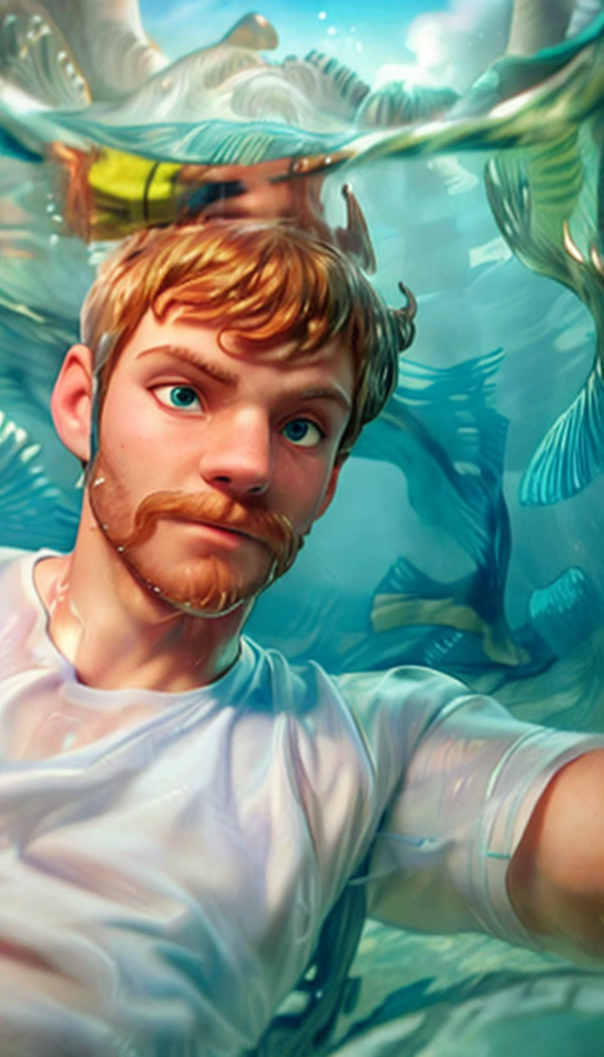 (((CFMatt closeup face, facial hair, he is submerged under the water, beneath the waves white shirt)))
CFMatt a 20 years old male, masculine ginger hair, outdoors, canon shot, bokeh,
(huge-muscles), (large pectorals), (puffy nipples), (huge penis), pubic hair
sharp focus on subject, best quality, masterpiece, highly detailed, realistic, (detailed background), depth of field, soft focus, intricate details, 8k, cartoon, 3d,
<lora:CFMatt:0.6>