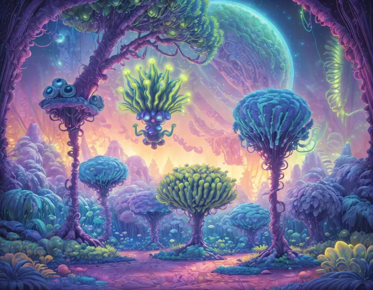 (Biomechanic PsyAI alien planet:1.1), alien plants, (fluorescent plants:1.3), <lora:PsyAI_128:0.65>, (Style: disney, pixar, 3d, animation, cartoon, ((high quality:1.2, masterpiece:1.2)), ultra sharpness, (8k resolution), absurd amount of details, colorful, colorized, atmospheric perspective, (landscape:1.2))