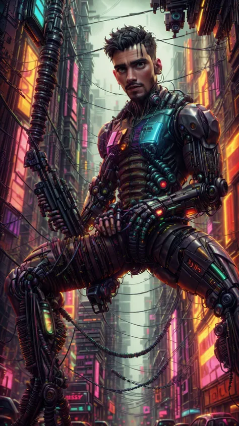 (GS-Masculine:1.3),<lora:miguel_bojorquez:1>,as a Combat Cyborg Predator with short black hair,Cyberpunk,transparent neck,robotic parts,cyberpunk,full face visible,"Blade Runner",hyper-realistic. Beautiful cinematic impressionistic picture. Cyberpunk,neon,Dark dramatic character,in the style of Jeremy Mann and Charles Dana Gibson,Mark Demsteader,Paul Headley.,haze,ultra detail,film photography,light leaks,Larry Bad Melman,artstation trends,sharp focus,studio photography,intricate details,highly detailed,Greg Rutkowski,<lora:xl_more_art-full_v1:1>,<lora:Clothing - ChemPunk Armor:0.4>,<lora:CyberPunkAI:0.5>,<lora:epi_noiseoffset2(Better contrast dark images):0.5>,<lora:SnxilluminateV2:0.4>,<lora:detail_slider_v4:1>,<lora:more_details:1>,