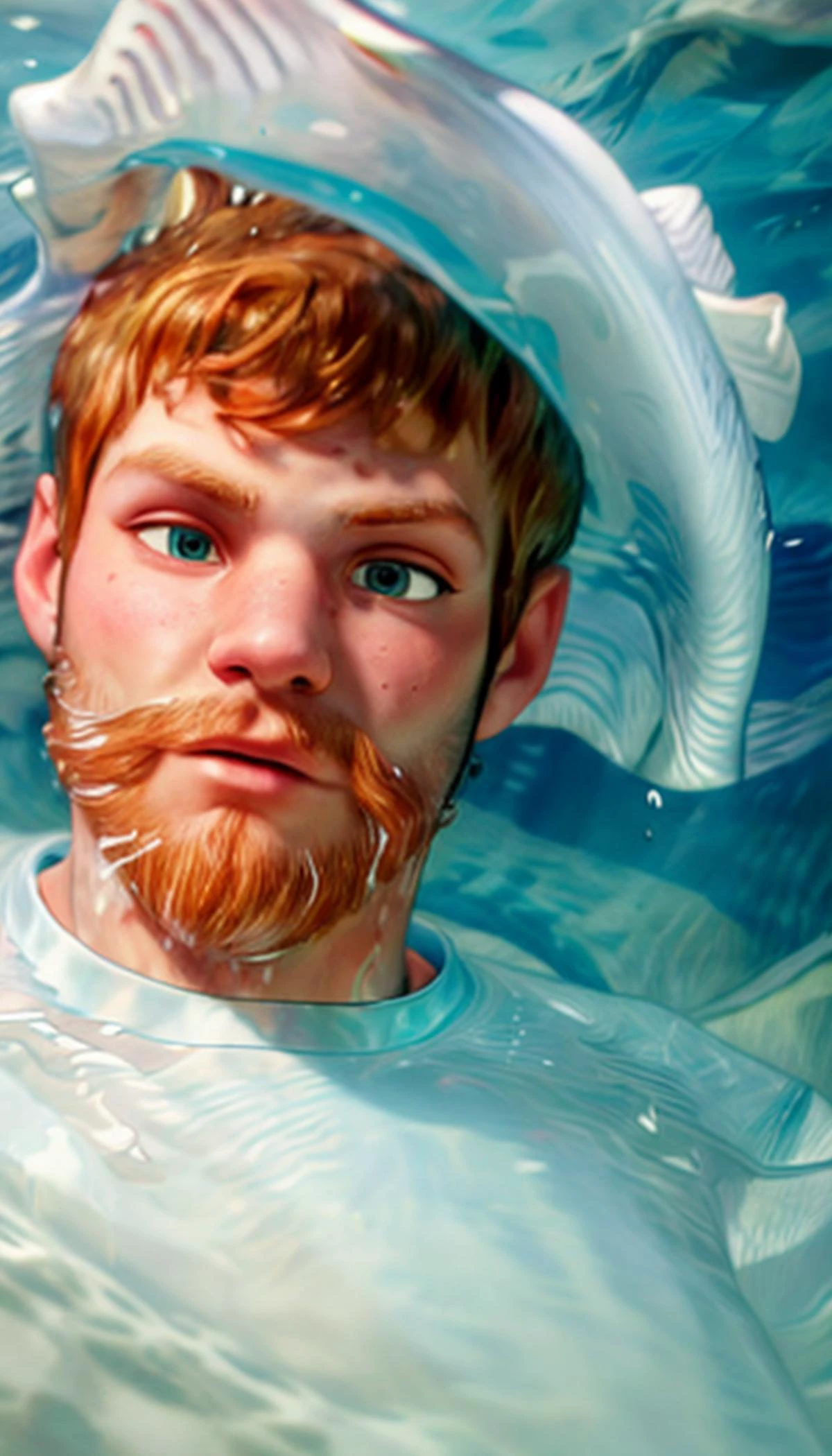 (((CFMatt closeup face, facial hair, he is submerged under the water, beneath the waves white shirt)))
CFMatt a 20 years old male, masculine ginger hair, outdoors, canon shot, bokeh,
(huge-muscles), (large pectorals), (puffy nipples), (huge penis), pubic hair
sharp focus on subject, best quality, masterpiece, highly detailed, realistic, (detailed background), depth of field, soft focus, intricate details, 8k, cartoon, 3d,
<lora:CFMatt:0.6>