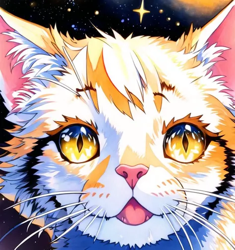 cat, <hypernet:qqqrinkappp:0.775>, starry_sky_print, starry_sky, (traditional_media:1.2), (light_particles:1.2), depth_of_field, milky way, blurry, (best lighting:1.1), CG, wallpaper, HD, high quality, high-definition, extremely detailed, (detailed light:1.1), (masterpiece:1.1), (best quality:1.2), (highres:1.1), jewel-like eyes, award winning