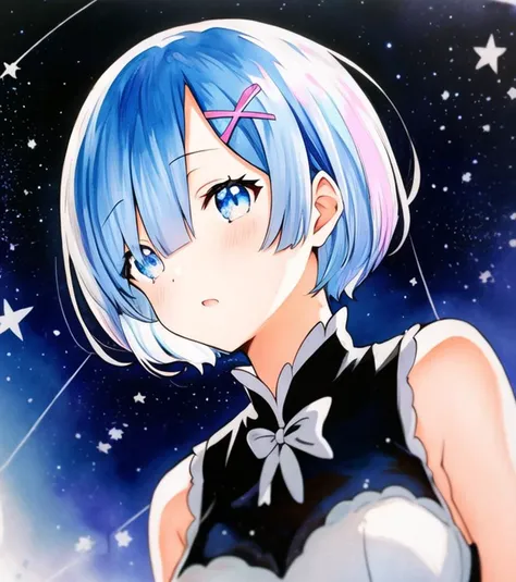 rem \(re:zero\), <hypernet:qqqrinkappp:0.775>, starry_sky_print, starry_sky, (traditional_media:1.2), (light_particles:1.2), depth_of_field, milky way, blurry, upper body, short hair, (best lighting:1.1), CG, wallpaper, HD, high quality, high-definition, extremely detailed, (detailed light:1.1), (masterpiece:1.1), (best quality:1.2), (highres:1.1), jewel-like eyes, award winning
