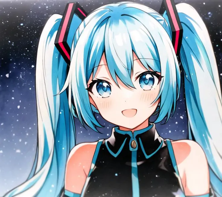 hatsune miku, <hypernet:qqqrinkappp:0.775>, starry_sky_print, starry_sky, (traditional_media:1.2), (light_particles:1.2), depth_of_field, milky way, blurry, upper body, happy, (best lighting:1.1), CG, wallpaper, HD, high quality, high-definition, extremely detailed, (detailed light:1.1), (masterpiece:1.1), (best quality:1.2), (highres:1.1), jewel-like eyes, award winning