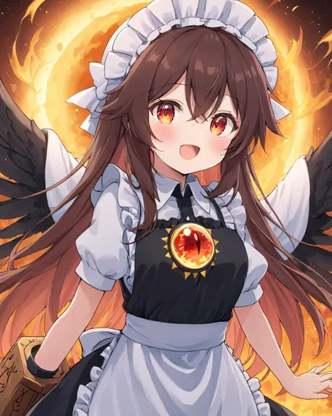 reiuji utsuho,1girl, solo, open_mouth, third_eye, blush, enmaided, bird_wings, mob_cap, one-hour_drawing_challenge, black_wings, looking_at_viewer, white_headwear, black_dress, white_apron, frills, bow, maid_headdress, juliet_sleeves, :d, arm_cannon
<lora:reiuji_utsuho_image6498_2023-12-20-000005:1>,star-shaped_pupils,symbol-shaped_pupils,. gorgeous,key visual, vibrant, studio anime,award-winning, professional, highly detailed,high budget, cinemascope