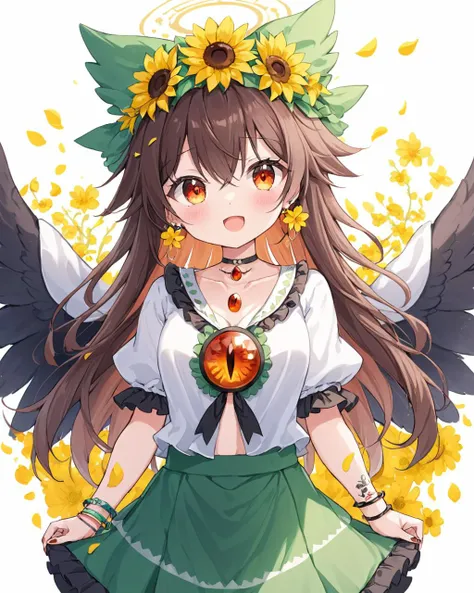 reiuji utsuho,1girl, solo, shoulder_cutout, hair_bow, hair_flower, looking_at_viewer, yellow_flower, open_mouth, green_skirt, cowboy_shot, green_bow, white_shirt, nail_polish, feathered_wings, white_background, radiation_symbol, bracelet, third_eye, :d, ahoge, tattoo, bird_wings, flower_earrings, miniskirt, black_bow, puffy_short_sleeves, petals, black_wings, floral_print, multiple_rings, simple_background, blush, adapted_costume, standing, own_hands_together, choker, frilled_skirt, nail_art, head_wreath, striped_bow
<lora:reiuji_utsuho_image6498_2023-12-20-000005:1>,star-shaped_pupils,symbol-shaped_pupils,. gorgeous,key visual, vibrant, studio anime,award-winning, professional, highly detailed,high budget, cinemascope