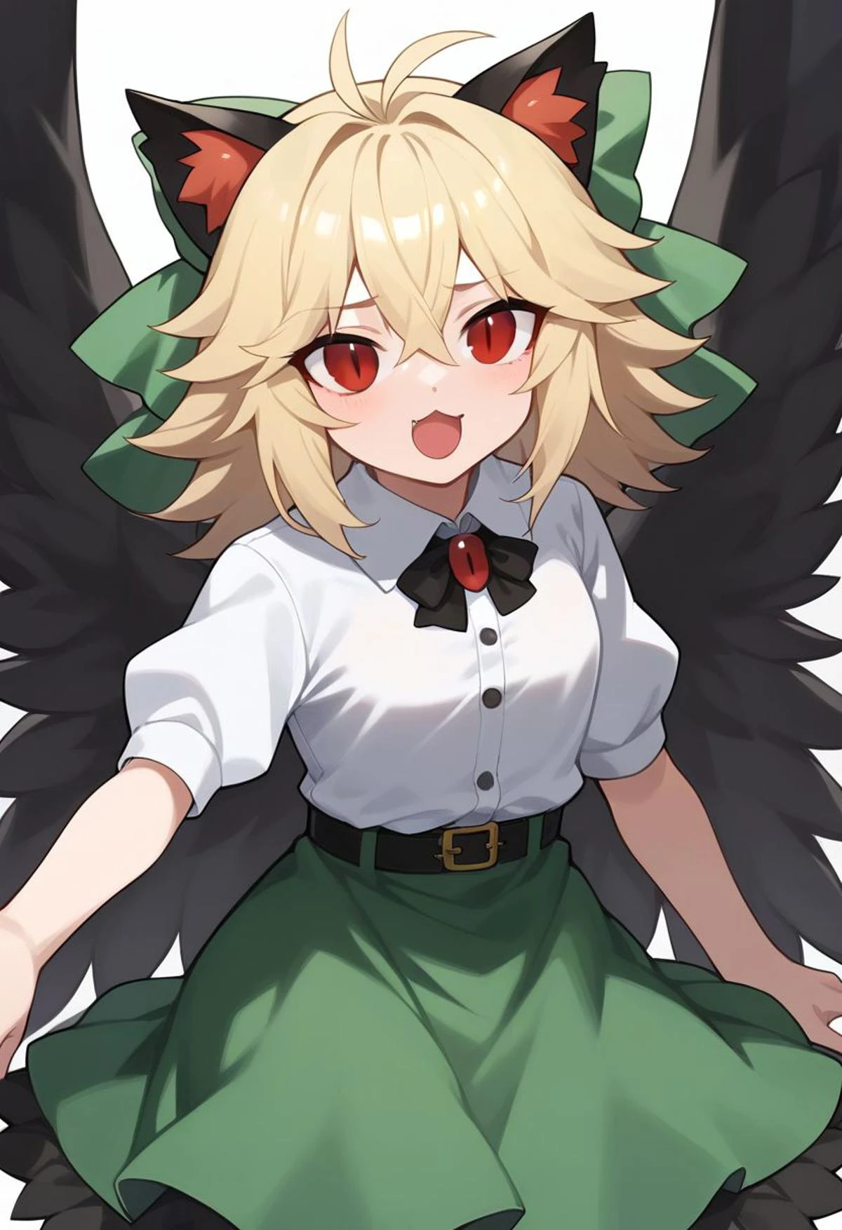 score_9, score_8_up, score_7_up, masterpiece, best quality, Hand, detailed, perfect, perfection,
BREAK
utsuho reiuji, green_bow, arm_cannon, green_skirt, hair_bow, open_mouth, white_cape, black_wings, white_shirt, bird_wings, puffy_short_sleeves, buttons, third_eye, clenched_hand
BREAK
necoarc, blonde hair, red eyes, slit pupils, cat ears, :3, antenna hair,
BREAK
1girl, solo, looking_at_viewer,
BREAK
<lora:reiuji_utsuho_image6498_2023-12-20-000005:1>, <lora:necoarc-guy-PONYv1_1:1>