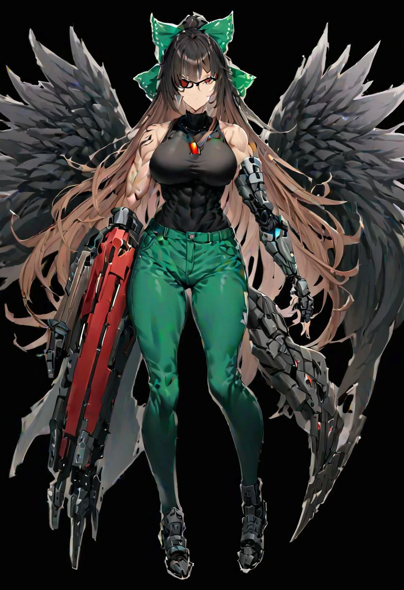 masterpiece, best quality, ultra-detailed, beautiful, nai3, 1girl, solo, full_body, tachi-e,
((reiuji_utsuho)):2, barret_wallace, bow, long_hair, hair_bow, green_bow, red_eyes, wings, third_eye, black_hair, black_wings, serious, brown_hair, cape, arm_cannon, breasts, dark skin, muscular, dog tags, black hair, pants, green pants, vest, black tank top, sleeveless, tank top, abs, fingerless gloves, gloves, sunglasses, vest, mechanical arms, single mechanical arm, prosthesis, prosthetic arm,
