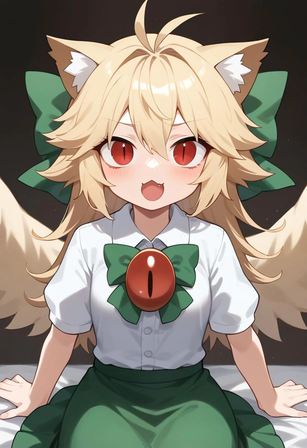 score_9, score_8_up, score_7_up, masterpiece, best quality, Hand, detailed, perfect, perfection,
BREAK
utsuho reiuji, green_bow, arm_cannon, green_skirt, hair_bow, open_mouth, white_cape, black_wings, white_shirt, bird_wings, puffy_short_sleeves, buttons, third_eye, clenched_hand
BREAK
necoarc, blonde hair, red eyes, slit pupils, cat ears, :3, antenna hair,
BREAK
1girl, solo, looking_at_viewer,
BREAK
<lora:reiuji_utsuho_image6498_2023-12-20-000005:1>, <lora:necoarc-guy-PONYv1_1:1>