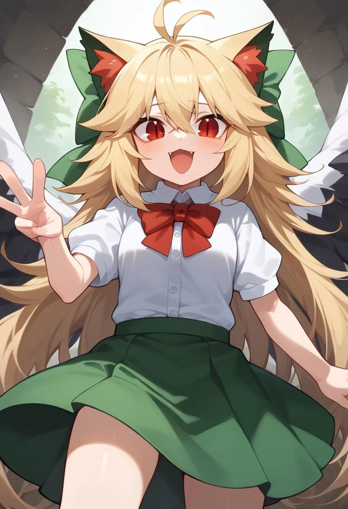 score_9, score_8_up, score_7_up, masterpiece, best quality, Hand, detailed, perfect, perfection,
BREAK
utsuho reiuji, green_bow, arm_cannon, green_skirt, hair_bow, open_mouth, white_cape, black_wings, white_shirt, bird_wings, puffy_short_sleeves, buttons, third_eye, clenched_hand
BREAK
necoarc, blonde hair, red eyes, slit pupils, cat ears, :3, antenna hair,
BREAK
1girl, solo, looking_at_viewer,
BREAK
<lora:reiuji_utsuho_image6498_2023-12-20-000005:1>, <lora:necoarc-guy-PONYv1_1:1>