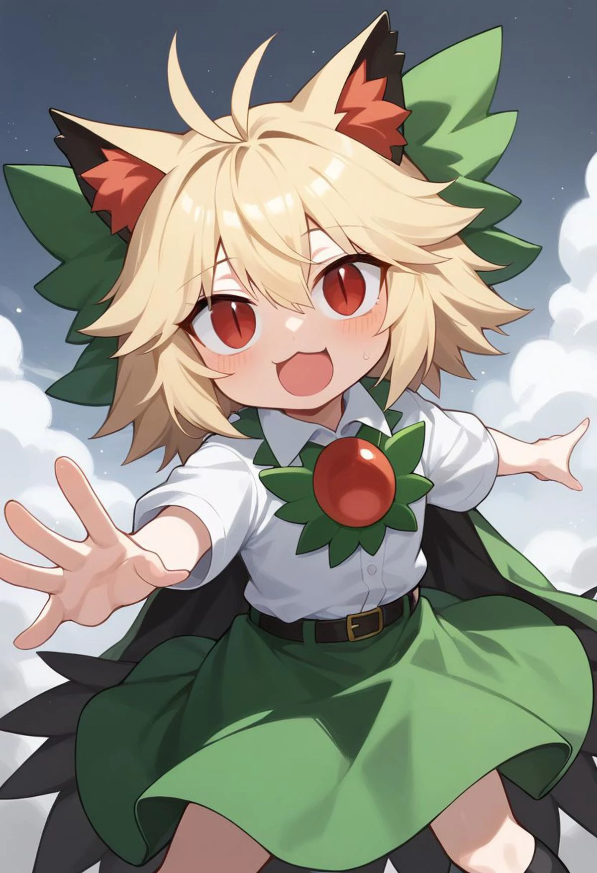 score_9, score_8_up, score_7_up, masterpiece, best quality, Hand, detailed, perfect, perfection,
BREAK
utsuho reiuji, green_bow, arm_cannon, green_skirt, hair_bow, open_mouth, white_cape, black_wings, white_shirt, bird_wings, puffy_short_sleeves, buttons, third_eye, clenched_hand
BREAK
necoarc, blonde hair, red eyes, slit pupils, cat ears, :3, antenna hair,
BREAK
1girl, solo, looking_at_viewer,
BREAK
<lora:reiuji_utsuho_image6498_2023-12-20-000005:1>, <lora:necoarc-guy-PONYv1_1:1>