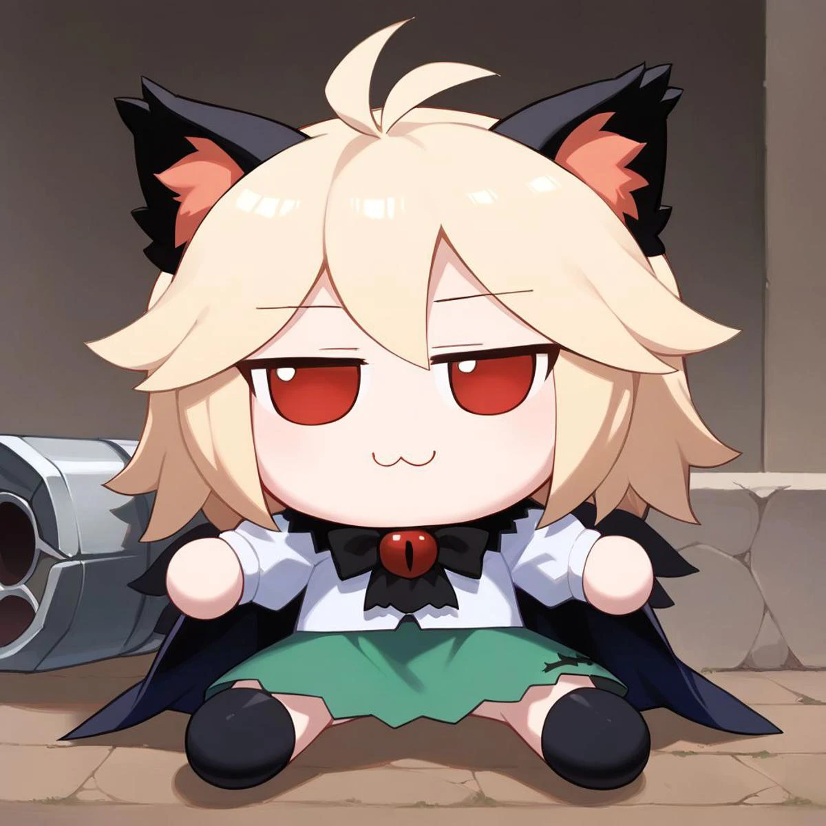 score_9, score_8_up, score_7_up, masterpiece, best quality, Hand, detailed, perfect, perfection,
BREAK
necoarc, blonde hair, red eyes, slit pupils, cat ears, :3, antenna hair,
BREAK
green_bow, arm_cannon, green_skirt, hair_bow, white_cape, black_wings, white_shirt, bird_wings, puffy_short_sleeves, looking_at_viewer, buttons, third_eye, clenched_hand,
BREAK
1girl, solo, fumo \(doll\), chibi, sitting, smirk, closed mouth, puffy sleeves,
BREAK
<lora:style_toyfumo_ponyXL-000006:1>, <lora:necoarc-guy-PONYv1_1:1>, <lora:reiuji_utsuho_image6498_2023-12-20-000005:1>