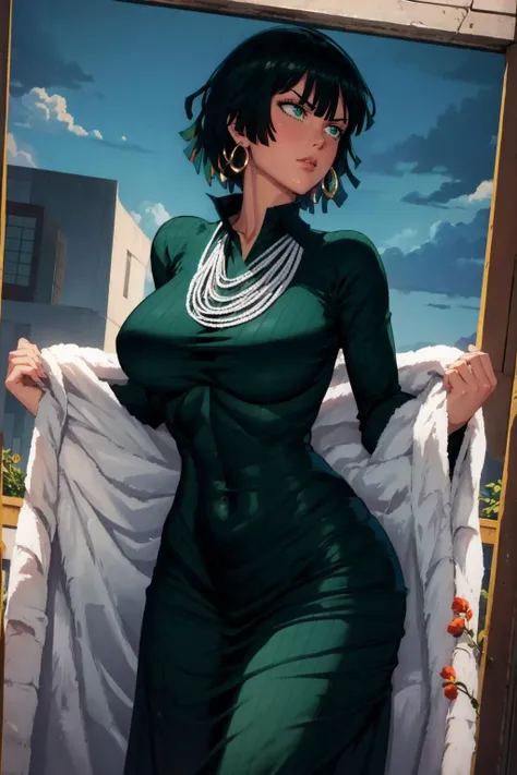 realistic, 1girl, Fubuki, green hair, green eyes, big round breasts, pure white skin, shining eyes, dark green crop top, dark green skirt, parted lips, rouge, night, flowers, sun, sunshine