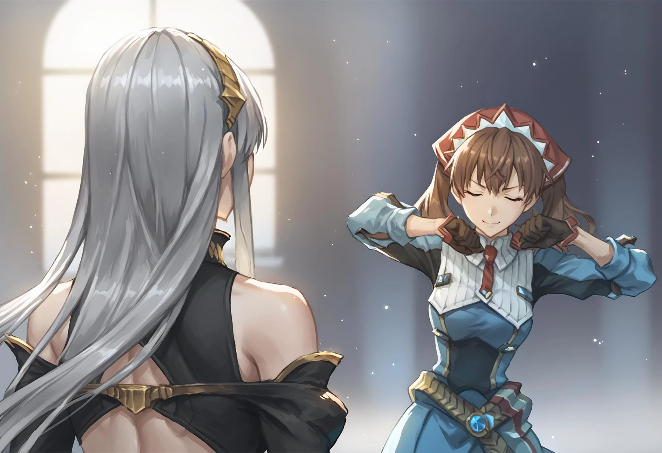 score_9, score_8_up, score_7_up, source_anime, 2girls, spotlight,
from behind, upper body, 1girl, selvaria, very long hair , , black military uniform silver hair , bare shoulders ,<lora:CHA_Selvaria_SDXL:1> ,
,1girl, brown hair headdress, blue shirt, armor, blue skirt, gloves, thighhighs, smile, closed mouth, shikairodaysdance, dancing, closed eyes <lora:meme_shikairodaysdance_ponyXL:1> <lora:vcalicia-pdxl-nvwls-v1:1.0>