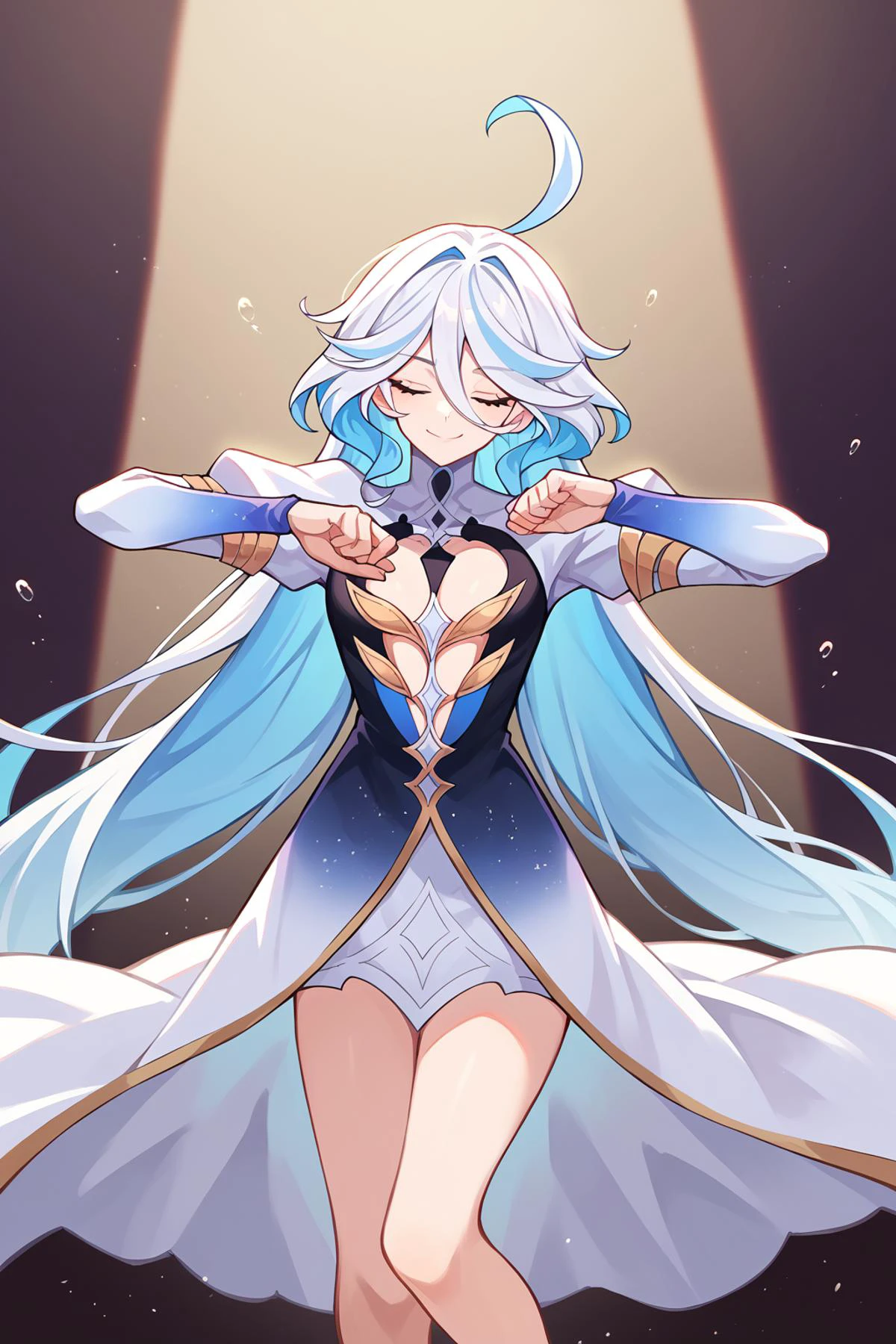 score_9, score_8_up, score_7_up, score_6_up, score_5_up, score_4_up, , <lora:meme_shikairodaysdance_ponyXL:1>, shikairodaysdance, dancing, closed eyes, <lora:Focalors_XL:1>, 1girl, very long hair, ahoge, sidelocks, multicolored hair, white hair, blue hair, eyelashes, dress, clothing cutout, jewelry, juliet sleeves, smile
