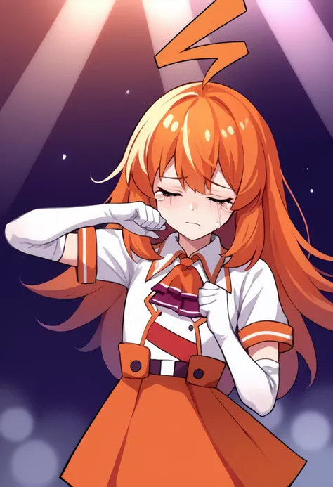 score_9, score_8_up, score_7_up, source_anime, solo, 1girl, stadiachan, sad, crying, shikairodaysdance, dancing, closed eyes, tears, multicolored hair, orange hair, multicolored eyes, huge ahoge, orange and white shirt, orange ascot, short sleeves, white gloves, elbow gloves, orange skirt, spotlight <lora:stadiachan-pdxl-nvwls-v1:1> <lora:meme_shikairodaysdance_ponyXL:1>