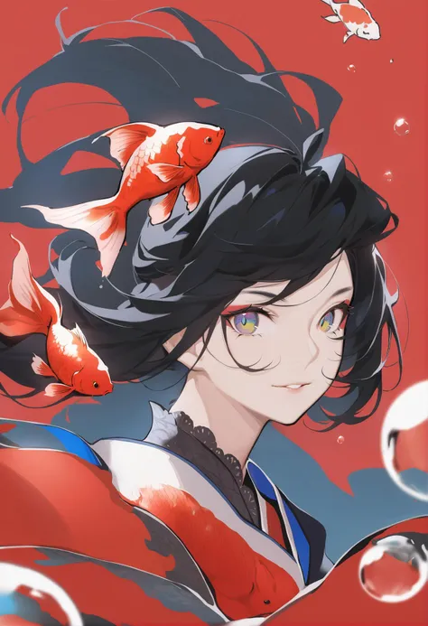 masterpiece, best quality, <lora:DPOXL:1> <lora:sola7764XL_V1:1> 
1girl, fish, red background, solo, koi, goldfish, black hair, looking at viewer, parted lips, long hair, multicolored eyes, portrait, bangs, floating hair, simple background, multicolored hair, smile, makeup, bubble, ahoge, eyeshadow