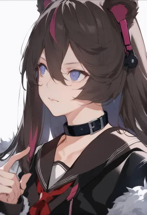 masterpiece, best quality, <lora:DPOXL:1> <lora:sola7764XL_V1:1>
1girl, solo, animal ears, bear ears, fur trim, long hair, sailor collar, multicolored hair, fur-trimmed jacket, upper body, collar, white background, jacket, earphones, neckerchief, streaked hair, choker, bangs, red neckerchief, black sailor collar, black hair, brown hair, simple background, looking away, blue eyes, hand up, long sleeves, red hair, school uniform, black collar, shirt, black jacket, earbuds, serafuku, hair between eyes, black choker, closed mouth