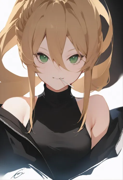 masterpiece, best quality, <lora:DPOXL:1> <lora:sola7764XL_V1:1>
1girl, solo, blonde hair, long hair, green eyes, white background, jacket, upper body, simple background, mouth hold, black jacket, shirt, hair between eyes, smile, candy, black shirt, signature, lollipop, bare shoulders, off shoulder, sleeveless, bangs, looking at viewer, food, open clothes, open jacket