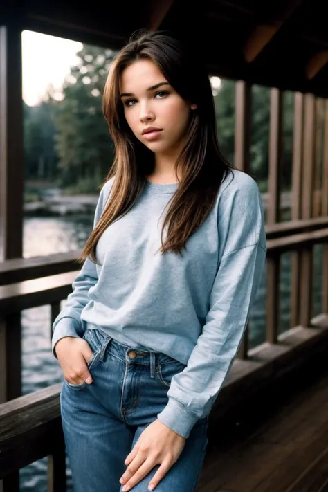 photo of S4br1n4M4r33_HM-135, a woman, perfect hair, (modern photo), wearing baggy sweatshirt and jeans, 35mm short telephoto (analog, cinematic, film grain:1.3), Floating Sky Islands, Landscape with floating islands, interconnecting bridges, and cascading waterfalls., detailed eyes, professional pose, (epiCPhoto), (looking at viewer:1.1), (cinematic shot:1.3), (Rembrandt style lighting), <lora:add_detail:0.5>