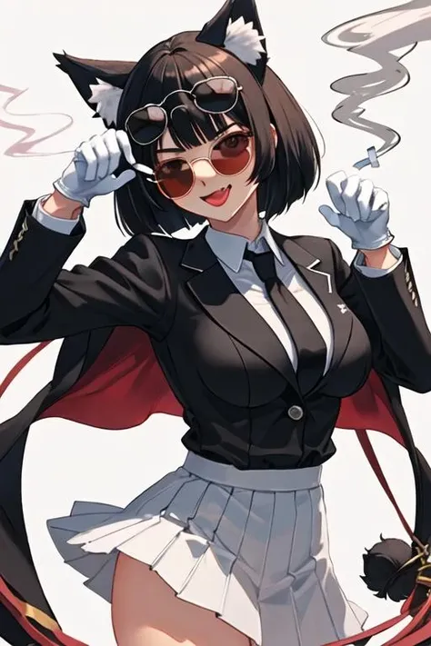 best quality, masterpiece, highres, solo, {black business suit:1.40}, {tie:1.20}, {sunglasses:1.25}, {white gloves:1.15}, {white shirt:1.10}, {black skirt:1.15}, {smoking:1.20}, handsome, {yamashiro_azurlane:1.15}, animal_ears, cat_ears, black_hair, short_hair, red_eyes, animal_ear_fluff, breasts, bangs, open_mouth, blush, fang, smile, large_breasts, mismatched_eyebrows