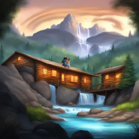 beautiful nature scene with a waterfall, pretty rocks, and a log cabin in the distance, with several tall vertical rocks scattered around, embedding:SimplepositiveXLv1