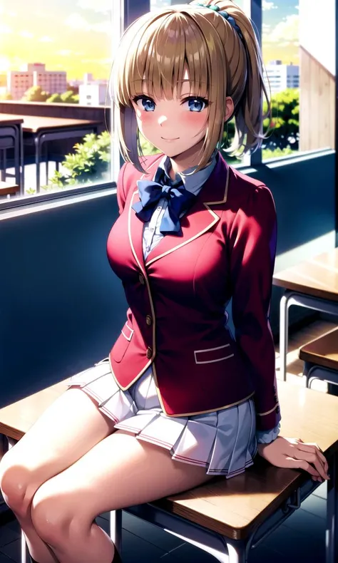 (masterpiece), (best quality), (illustration), (beautiful detailed), (highres), (youjitsukei), white skirt, brown footwear, miniskirt, pleated skirt, red jacket, looking at viewer, table, chair, arms behind back, sitting, sunset, (school uniform), white shirt, smile, blush, indoors, window, [building], classroom, table, (coffee:0.5), <lora:karuizawaKeiClassroomOf_v10:0.8>