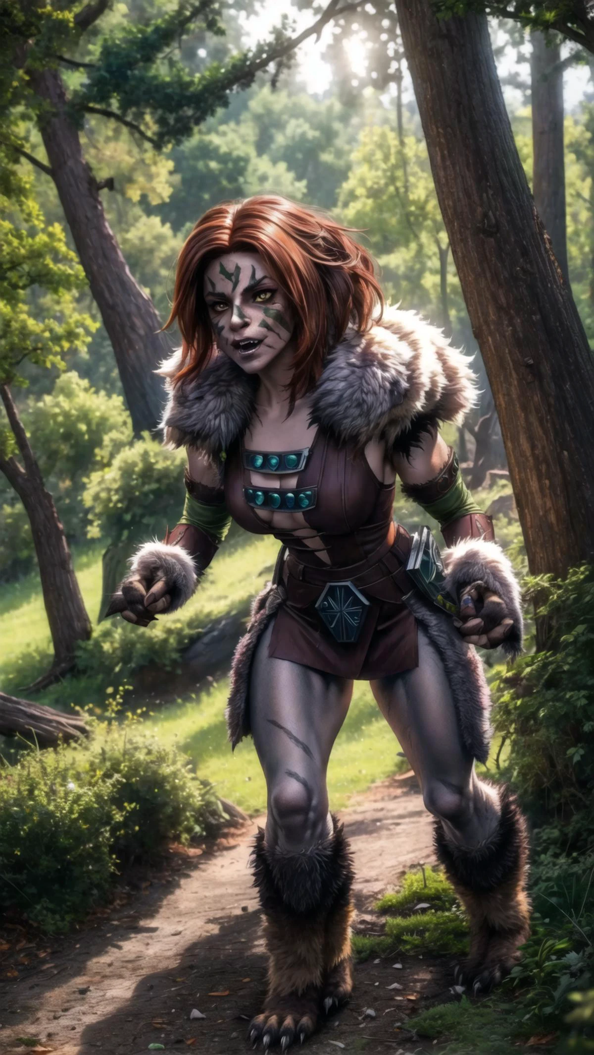 1girl, Aela, Aela the Huntress, facepaint, <lora:Aela:0.7> BREAK,
((transformation into werewolf, werewolf, morphin)), fur, wolf pelt, fangs, angry, <lora:werewolf_v0.2:1> BREAK,
In forest,, masterpiece, best quality, hyperrealistic, extremely detailed, highly quality, 4k, sharp focus, professional photograph, sharp focus, award winning, cinematic lighting, octane render, unreal engine, volumetrics dtx, Wallpaper,