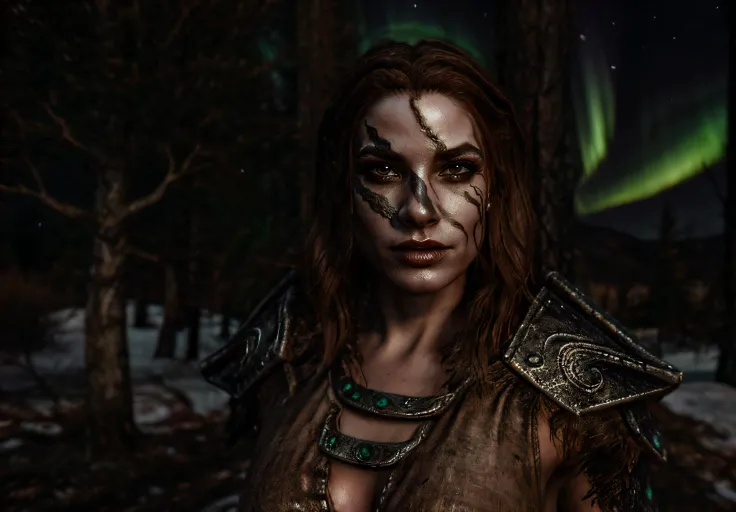 Aela in a snow storm, face paint, skyrim, medieval, night time, dark, orange glow on face, romantic, glistening skin, northern lights, snow, best quality, masterpiece, depth of field, raw photo, photorealistic, depth of field, looking into distance skin pores, focus on eyes, <lora:Aela-09:0.8> <lora:add_detail:1>