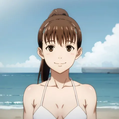 ((masterpiece)),(Highest quality),Official Art,Extremely detailed CG,unity 8k wallpaper,Very detailed,Lighthouse on top of a cliff by the sea,One Girl,一人in,Cowboy Shot,brown_hair,Dark Skin,Sunburn,School_Swimwear,brown_eye,smile,one piece_Swimwear,Swimwear_Down_Clothes,Sailor_collar,short_hair,Looking_in_audience,blush,School_uniform,short_ponytail,