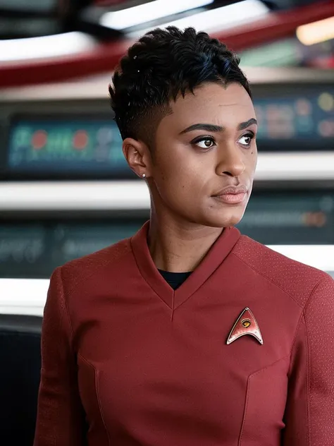 beautiful woman (crg00ding).(short hair, tight afro, straight hairline). closeup. (slight smile:1.1), petite, boobs. looking at the viewer. wearing (red stsnwunf uniform:1.4), earrings. starship bridge. <lora:STSNW1024:0.8>.