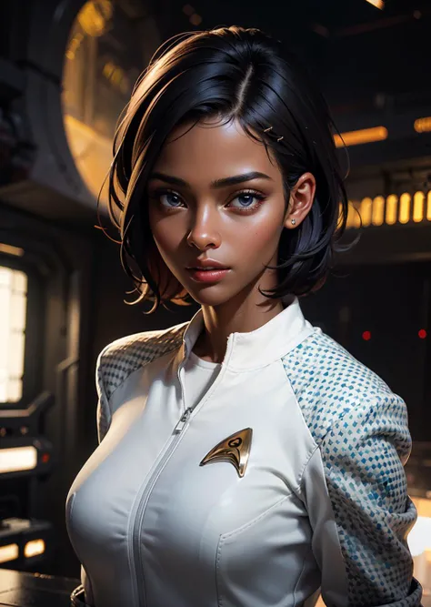 ((Portrait shot)),(masterpiece:1.5),concept art,intricate details,highly detailed,photorealistic,octane render,8k,unreal engine,dynamic pose,best quality,highres,(realistic face:1.1),(hyperrealistic:1.1),((full_body)),perfect eyes,(dark skin:1.4),(((hairstyle))),(((perfect hands))),(extremely detailed background),((dynamic background)),((african 1girl)),wearing (snwnrs white uniform:1.02),((detailed eyes, high quality eyes, high quality face)),short hair,((dramatic)),epic,battlefield,depth of field,bokeh,4k,ember,particles, <lora:snwnrsV8-000024:0.8>
