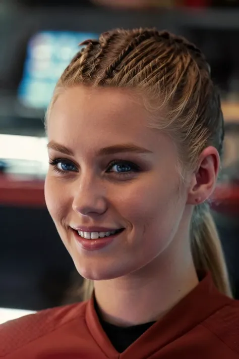 <lora:LowRA:0.0><lora:STSNW1024:1>, close up photography of a 22 year old blonde Scandinavian babe looking at the viewer wearing red stsnwunf uniform sitting on a starship bridge hiding her hands, beautiful, smiling, highly detailed skin, professional photography, (8k, RAW photo, best quality, masterpiece), photo-realistic, highly detailed, professional lighting, sharp focus, intricate details, realistic, gorgeous, bokah