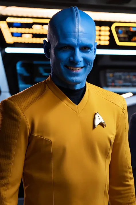 bolian man, blue skin, (yellow stsnwunf uniform), bald, sci-fi starship background, facing the camera, smiling, <lora:STSNW1024:0.7>, <lora:st_bolian_v2:0.9>