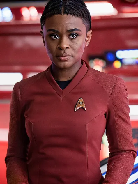 roserayy, masterpiece, best quality, 1girl, dark-skinned female, closed mouth:1.3, waist up, chubby, black eyes, black hair, closed mouth, looking at viewer, wearing a sttldunf uniform, solo,<lora:Roserayy-000003:1>, <lora:STTLDV1:1> sttldunf uniform