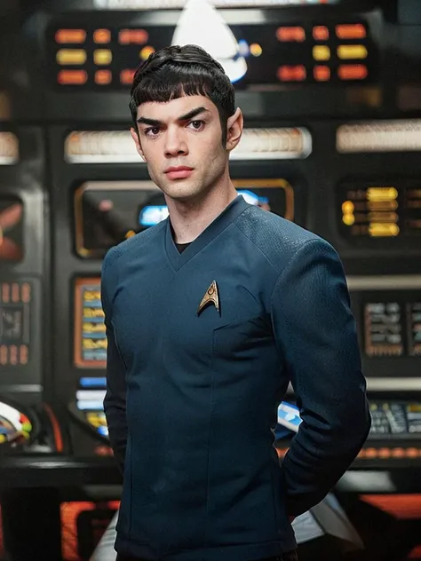 ethan peck, very short, black hair, straight blunt bangs, (straight thin pointed eyebrows:1.4), (vulcan pointed ears). wearing (blue stsnwunf uniform:1.4), starship bridge. <lora:STSNW1024:0.8>.