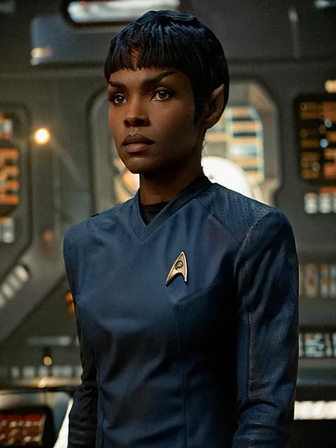 african woman in blue stsnwunf uniform,on starship bridge,dreadlocks<lora:DSSNWXL:0.8>