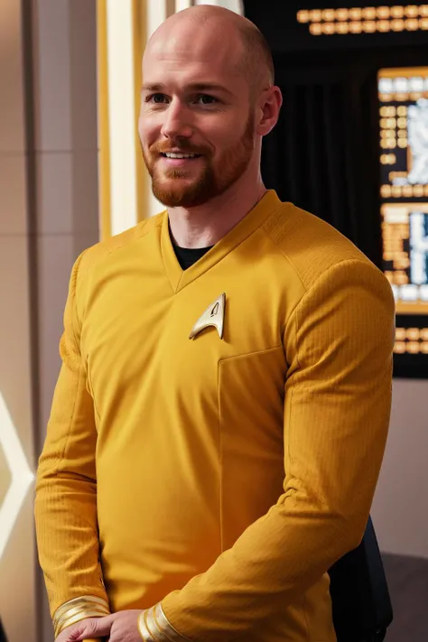 young bald man with ginger beard in yellow stsnwunf uniform,starship interrior,RAW Photo, 8k uhd, dslr, soft lighting, high quality, film grain, higly detailed face,ultra detailed,masterpiece quality,Fujifilm XT3 <lora:STSNW1024:0.8>