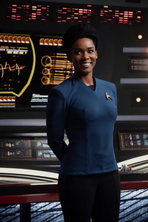 woman with afro in blue stsnwunf uniform,starship bridge<lora:STSNW1024:1>