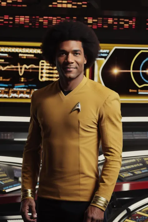 man with afro in yellow stsnwunf uniform ,starship bridge<lora:STSNW1024:0.8>