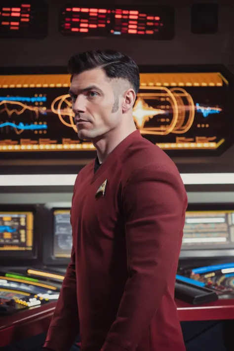 man in red  stsnwunf uniform ,starship bridge<lora:STSNW1024:0.8>