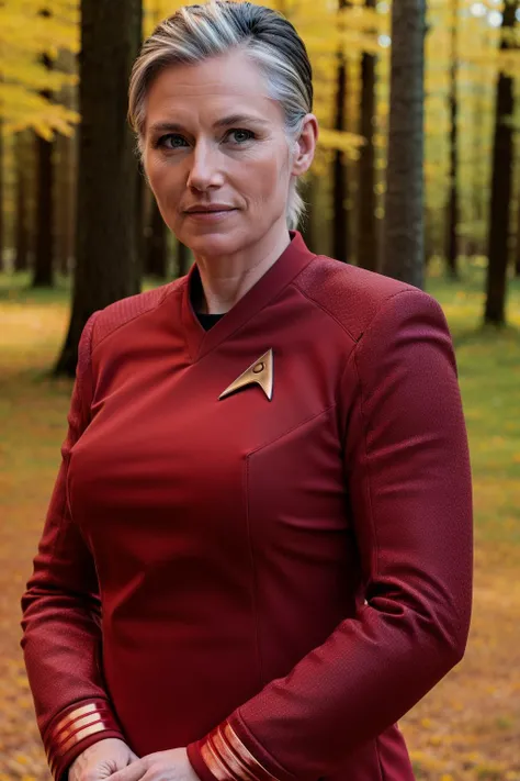 50 year old blond woman in red stsnwunf uniform,forest,RAW Photo, 8k uhd, dslr, soft lighting, high quality, film grain, higly detailed face,ultra detailed,masterpiece quality,Fujifilm XT3 <lora:STSNW1024:0.8>