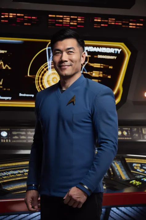 asian man in blue stsnwunf uniform ,starship bridge<lora:STSNW1024:0.8>