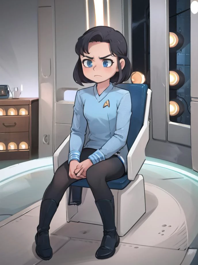 masterpiece, best quality,
1girl, solo, (blue stsnwunf:1.2) uniform, dress, black pantyhose, sitting, serious,
starship bridge
<lora:star_trek_STSNW1024:0.9>