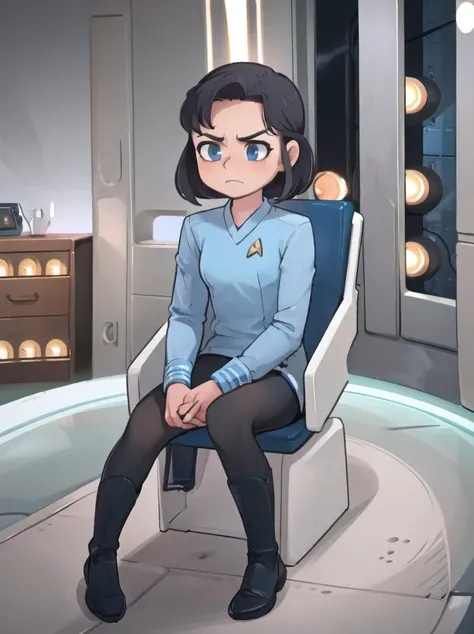 masterpiece, best quality,
1girl, solo, (blue stsnwunf:1.2) uniform, dress, black pantyhose, sitting, serious,
starship bridge
 <lora:star_trek_STSNW1024:0.9>