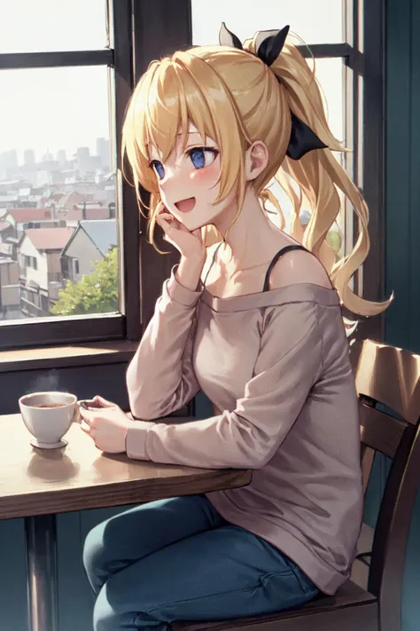 portrait shot of Lilly Satou sitting at a cafe table, (casual outfit:1.2), blonde, ponytail, black ribbon in hair, , empty eyes, laughing, blushing, full_body, full body shot, town background, japanese window, tea cups, ultra detailed, masterpiece, sunny, looking away from viewer, chromatic aberration <lora:LillySatou:0.8>