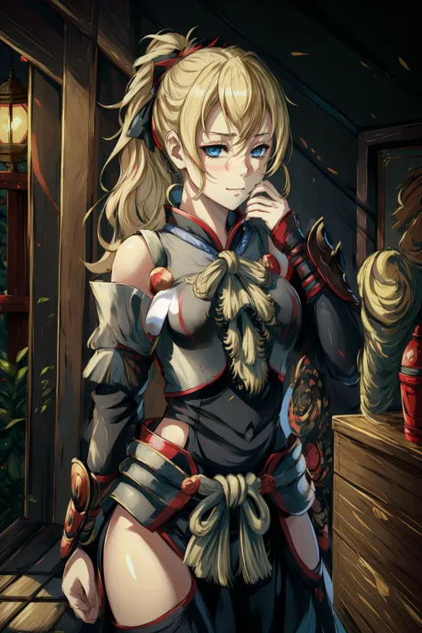 <lora:LillySatou:0.8>,  blonde, ponytail, wearing nargacuga armor, battle stance, empty eyes, lilly satou, cinematic lighting, masterpiece, best quality, ultra detailed, smirking, looking away, (portrait:1.1, beautiful face:1.1), scoutfly cage,  <lora:add_detail:0.6> <lora:MH_Odogaron Armor_a2:0.8>
