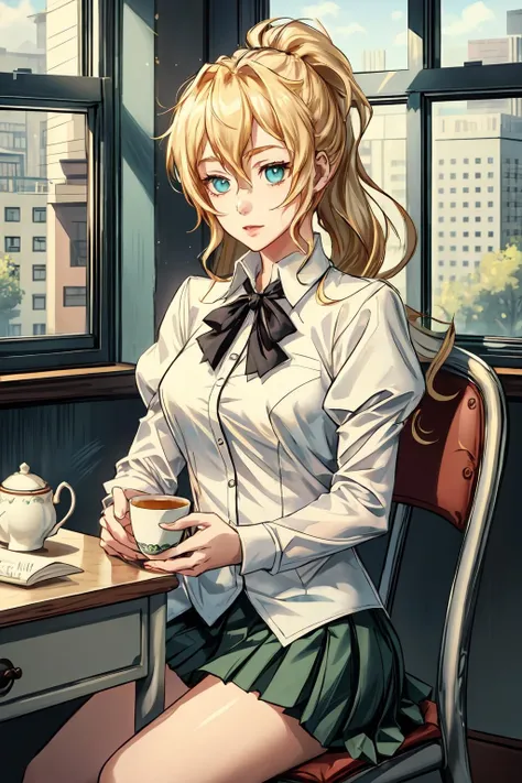 (masterpiece:1.2), ultra detailed,<lora:LillySatou:0.75>, Lilly, empty eyes, ponytail, school uniform, white shirt, green skirt, desk, sitting, chair, tea cup, tea, windows, sunlight, best quality ,<lora:Adddetail:0.7>
