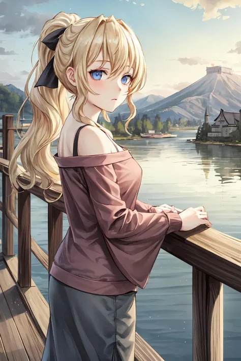 (masterpiece),(best quality),<lora:LillySatou:0.7>, Lilly, empty eyes, ponytail, casual outfit, on a bridge, close, outside, japanese castle far away, lake, persistent stare, mountains, best quality best quality, <lora:Adddetail:0.7>