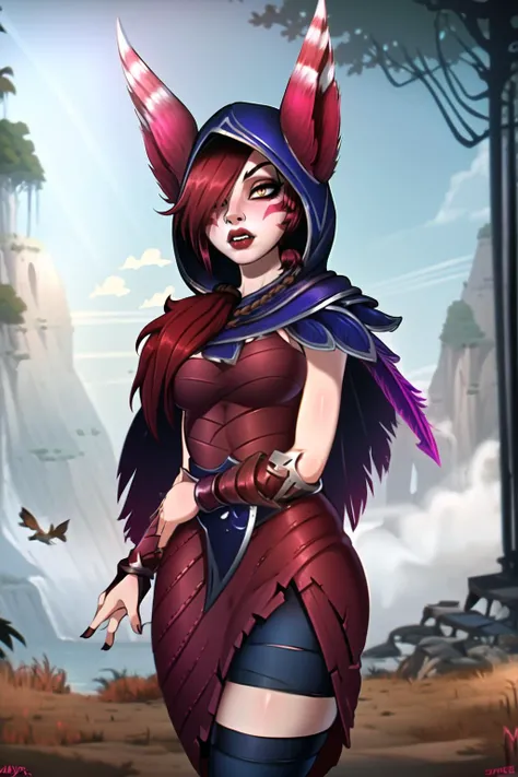 (masterpiece, best quality:1.2), xayah, 1girl, animal ears, ears through headwear, red hair, hair over one eye, hair over shoulder, facial mark, yellow eyes, slit pupils, lush lips, nose ring, blue capelet, hood up, red dress, bird skull, shadbase <lora:Xayah:1.0>, <lora:SHAD2:0.7>